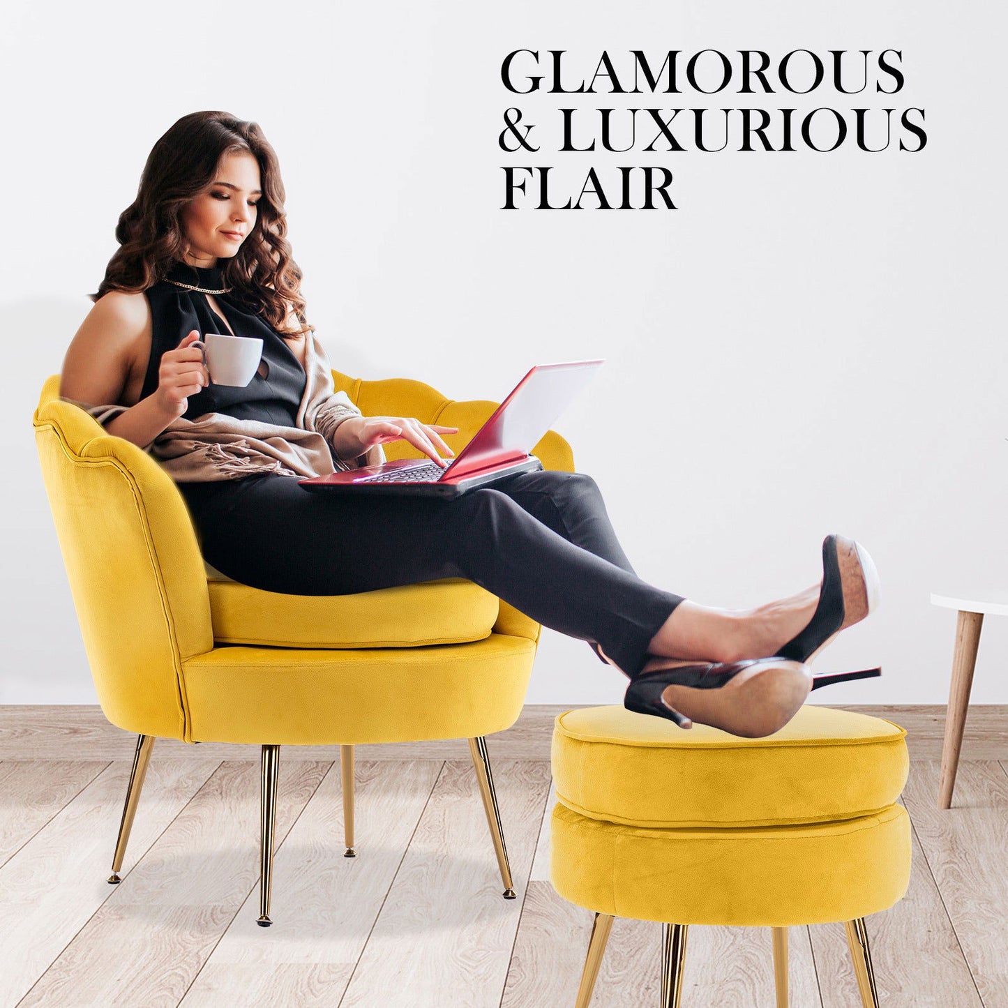 Armchair Lounge Chair Accent Velvet Shell Scallop + Round Ottoman Footstool YELLOW - Cosy Abode