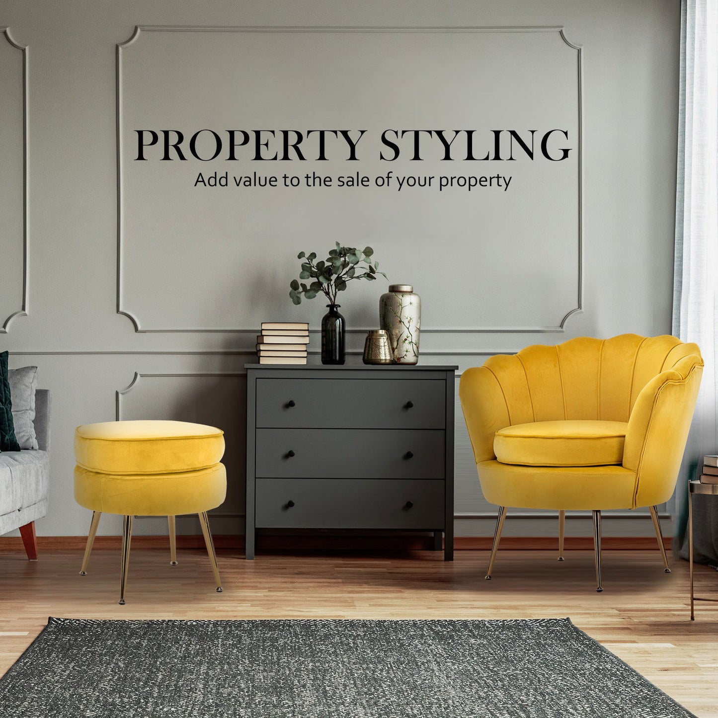 Armchair Lounge Chair Accent Velvet Shell Scallop + Round Ottoman Footstool YELLOW - Cosy Abode