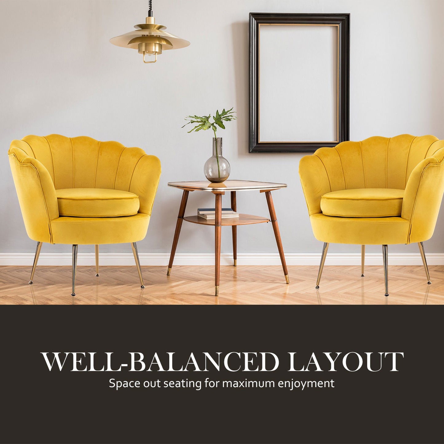 Armchair Lounge Chair Accent Velvet Shell Scallop + Round Ottoman Footstool YELLOW - Cosy Abode