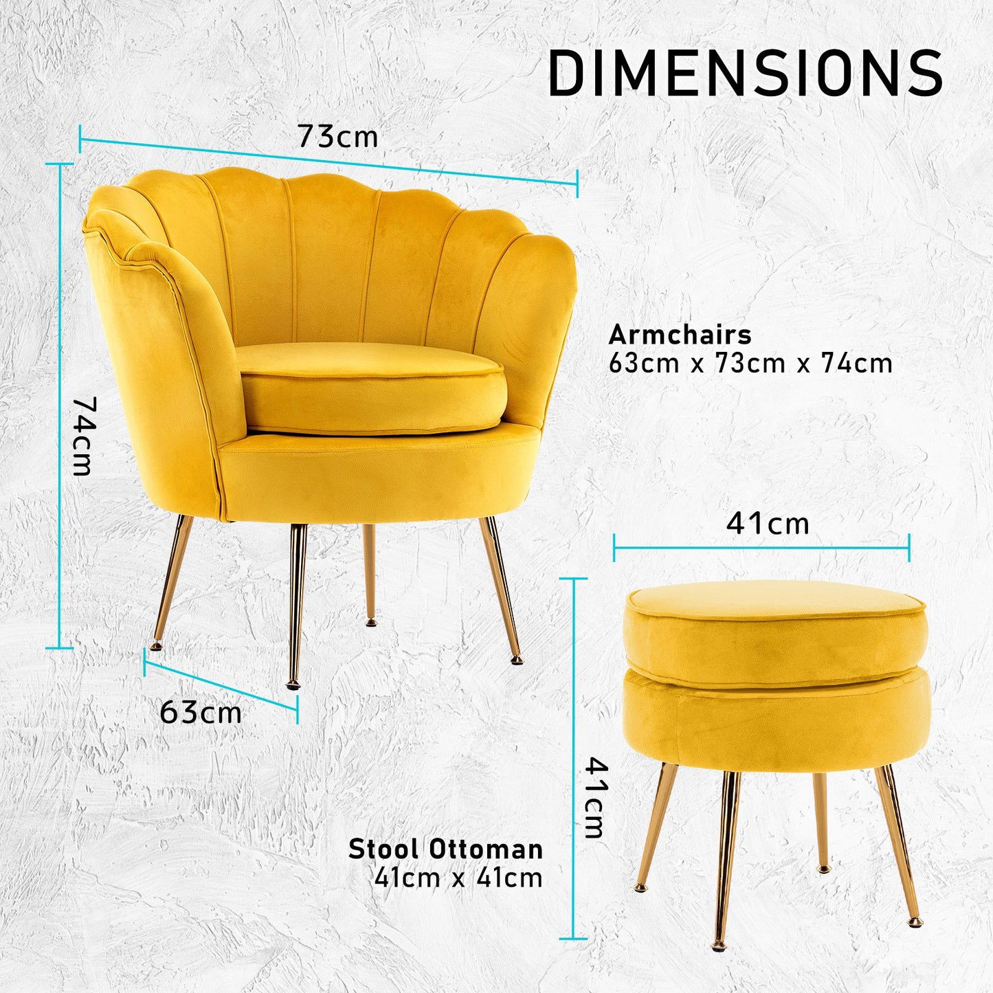 Armchair Lounge Chair Accent Velvet Shell Scallop + Round Ottoman Footstool YELLOW - Cosy Abode
