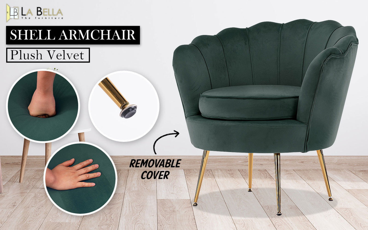 Armchair Padded Lounge Chair Accent Velvet Shell Scallop GREEN - Cosy Abode