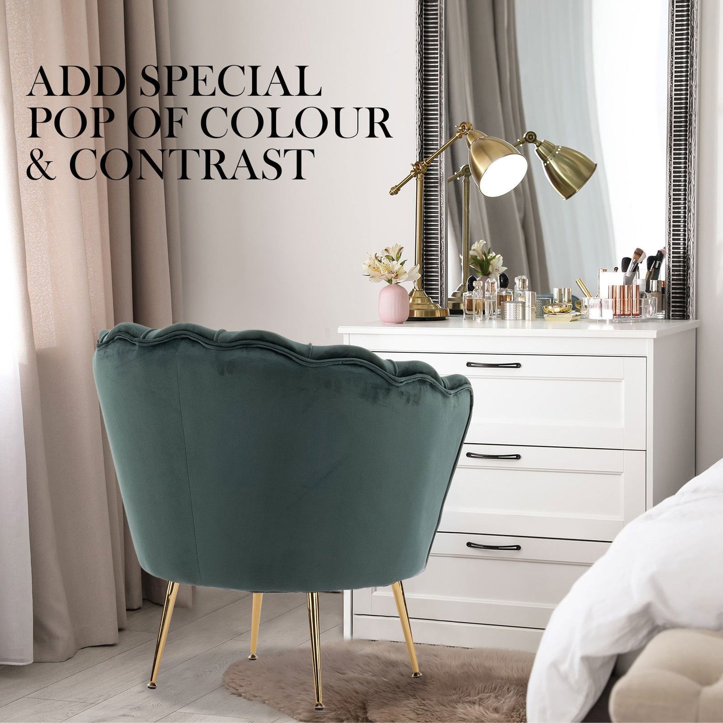 Armchair Padded Lounge Chair Accent Velvet Shell Scallop GREEN - Cosy Abode