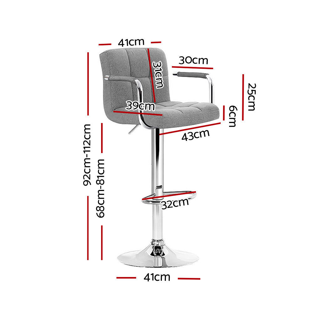 Artiss 2x Bar Stools Fabric Gas Lift w/Armrest Grey - Cosy Abode
