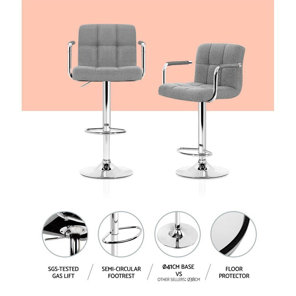 Artiss 2x Bar Stools Fabric Gas Lift w/Armrest Grey - Cosy Abode