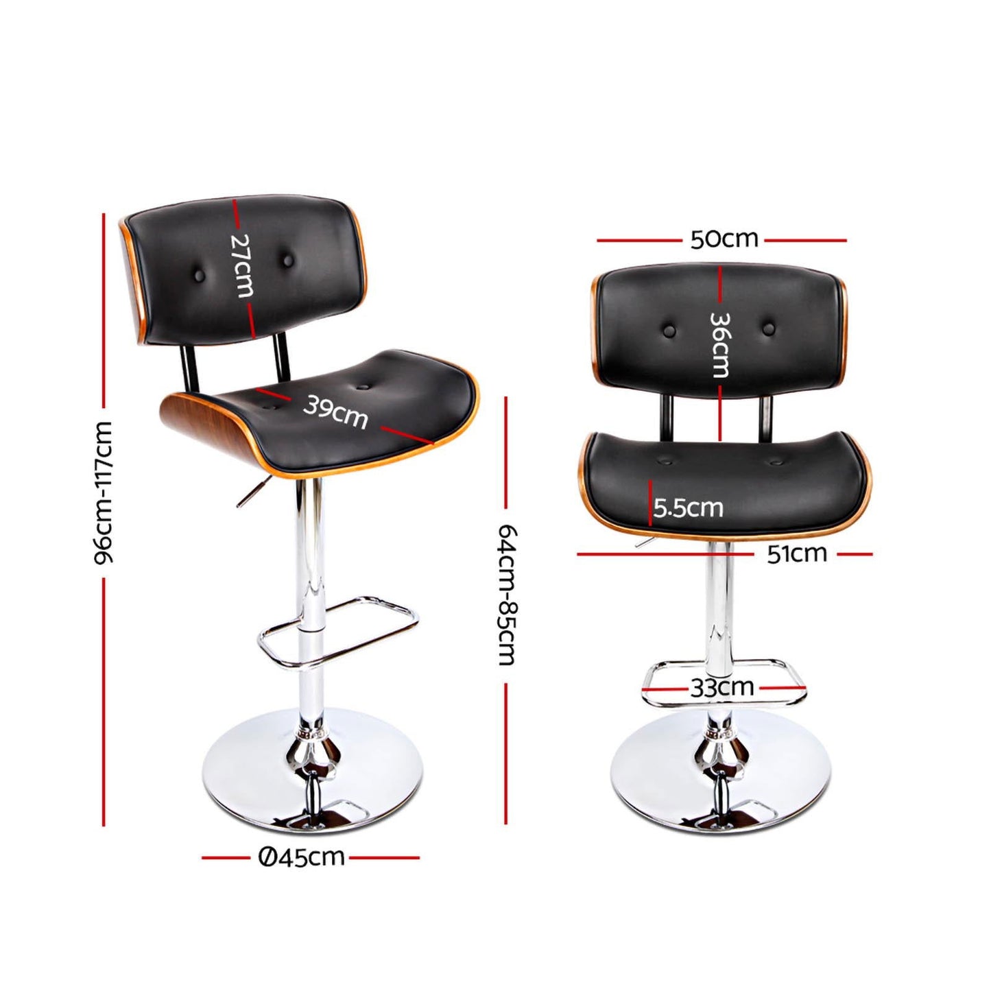 Artiss 2x Bar Stools Gas Lift Leather Black - Cosy Abode