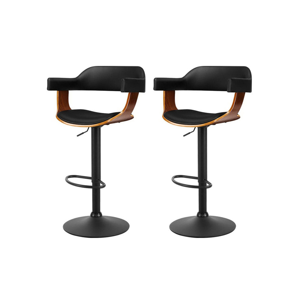 Artiss 2x Bar Stools Gas Lift Leather w/Armrest All Black - Cosy Abode