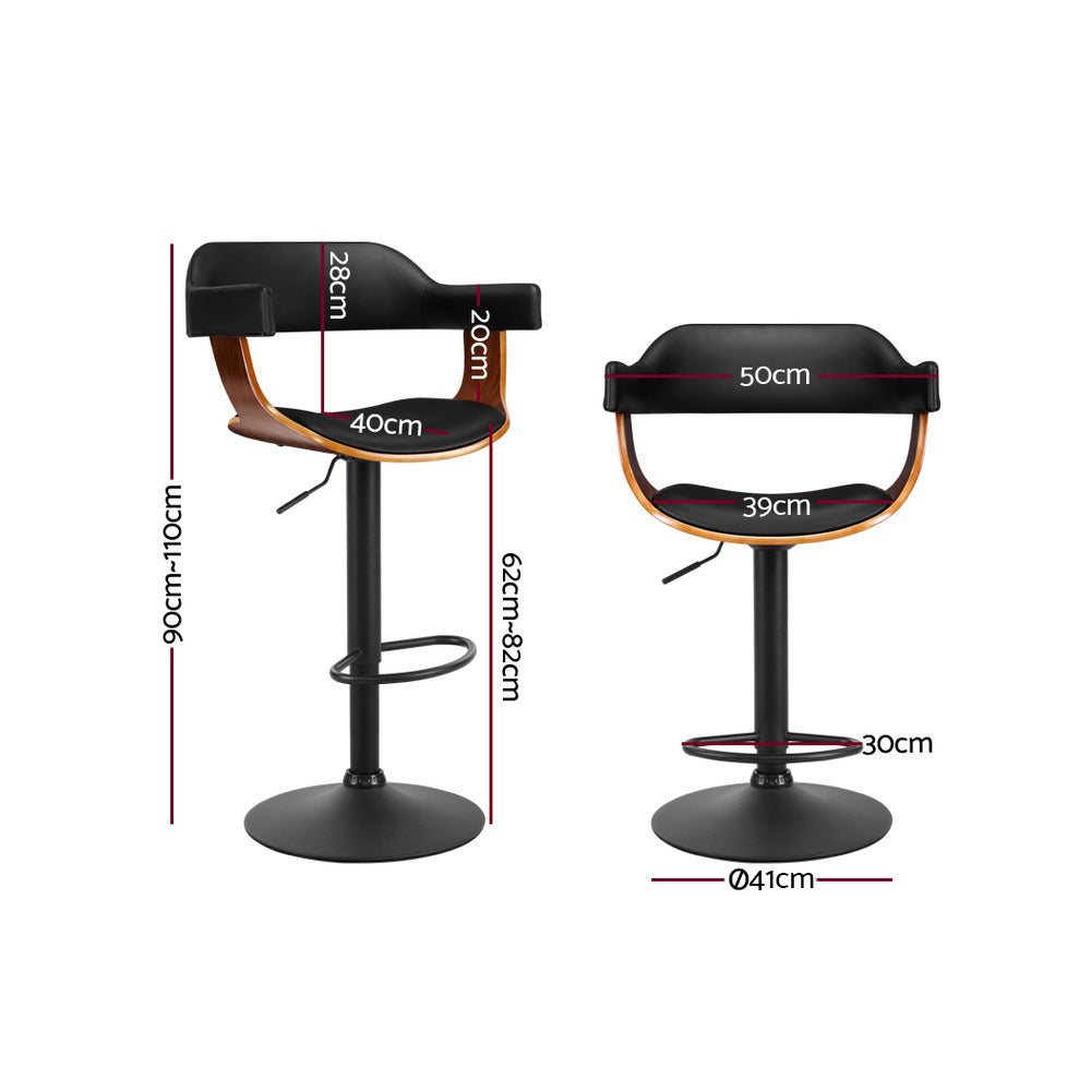 Artiss 2x Bar Stools Gas Lift Leather w/Armrest All Black - Cosy Abode