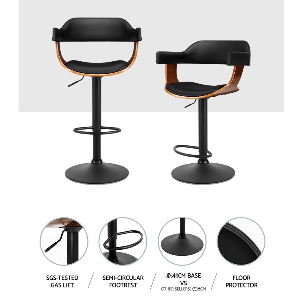 Artiss 2x Bar Stools Gas Lift Leather w/Armrest All Black - Cosy Abode