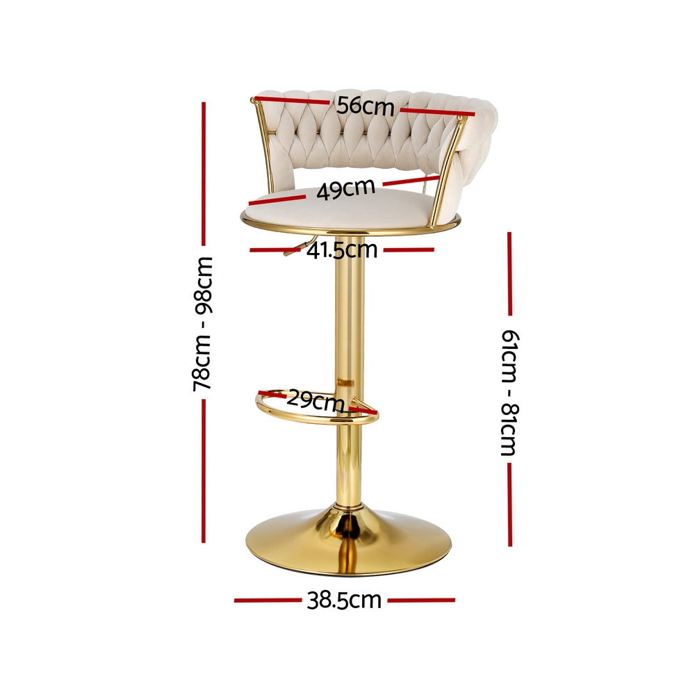 Artiss 2x Bar Stools Gas Lift Velvet Woven Backrest Ivory - Cosy Abode