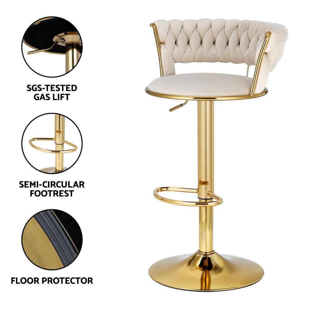 Artiss 2x Bar Stools Gas Lift Velvet Woven Backrest Ivory - Cosy Abode