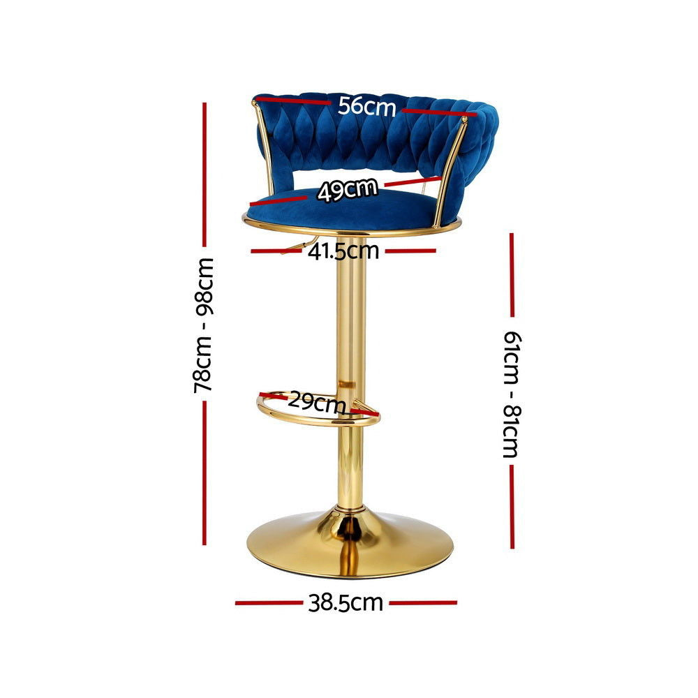 Artiss 2x Bar Stools Gas Lift Velvet Woven Backrest Navy - Cosy Abode