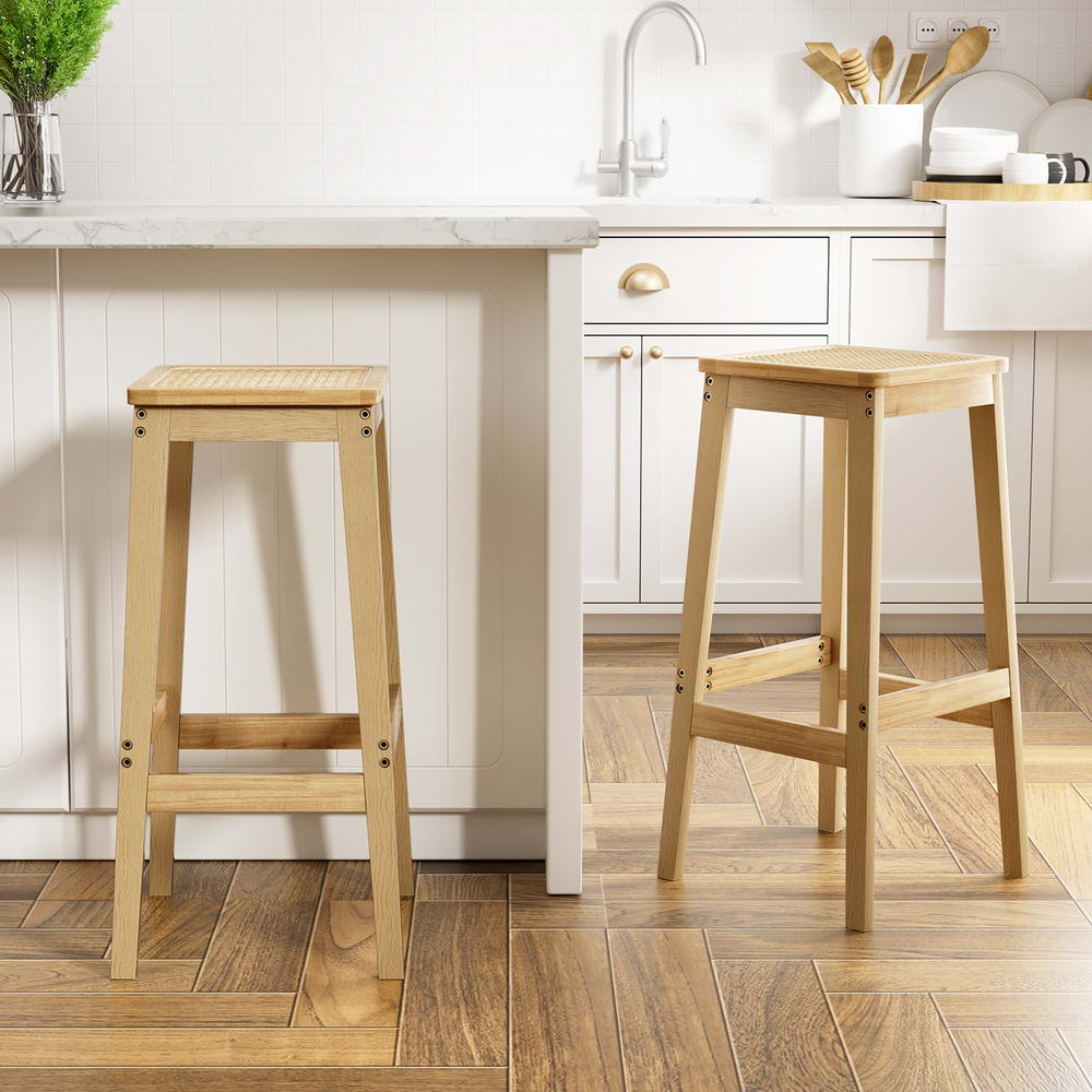 Artiss 2x Bar Stools Rubber Wood Stool Counter Chair Rattan Barstools Kitchen - Cosy Abode