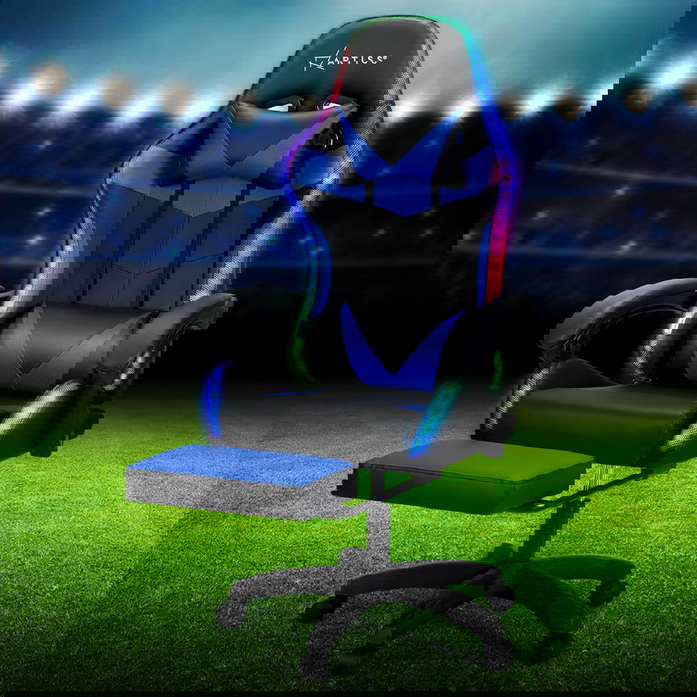 Artiss 6 Point Massage Gaming Office Chair 7 LED Footrest Blue - Cosy Abode