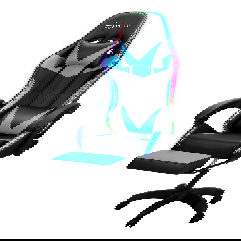 Artiss 6 Point Massage Gaming Office Chair 7 LED Footrest Cyan Blue - Cosy Abode
