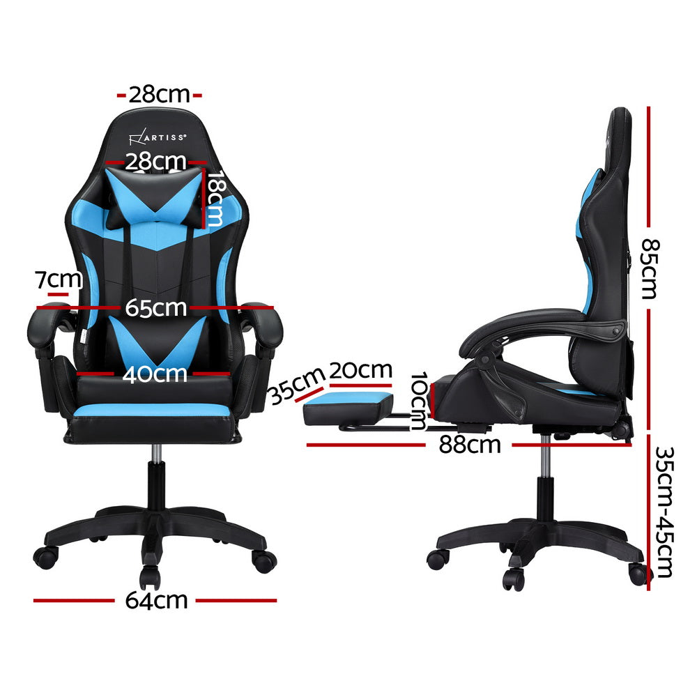 Artiss 6 Point Massage Gaming Office Chair 7 LED Footrest Cyan Blue - Cosy Abode