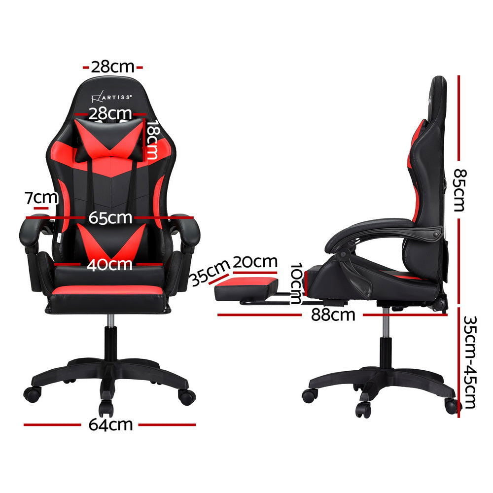 Artiss 6 Point Massage Gaming Office Chair 7 LED Footrest Red - Cosy Abode