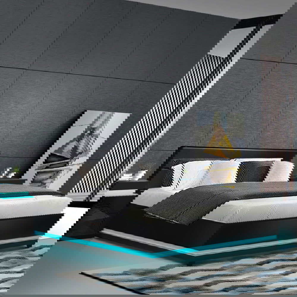 Artiss Bed Frame Double Size LED Gas Lift Black LUMI - Cosy Abode