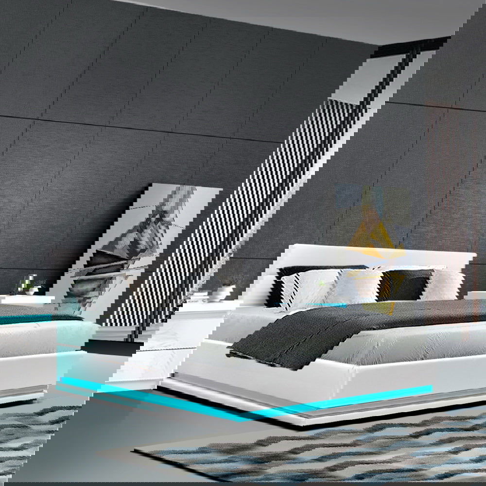 Artiss Bed Frame Double Size LED Gas Lift White LUMI - Cosy Abode