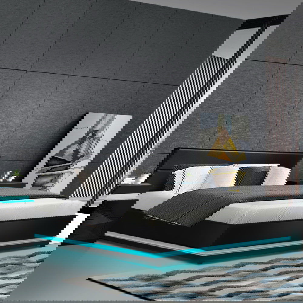 Artiss Bed Frame King Size LED Gas Lift Black LUMI - Cosy Abode