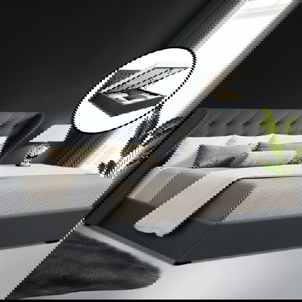 Artiss Bed Frame Queen Size Gas Lift Charcoal ISSA - Cosy Abode