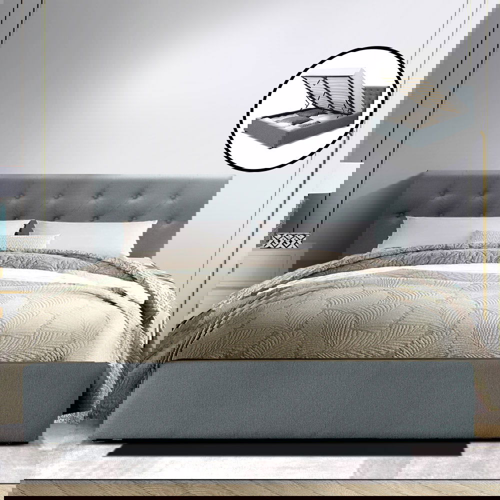 Artiss Bed Frame Queen Size Gas Lift Grey VILA - Cosy Abode