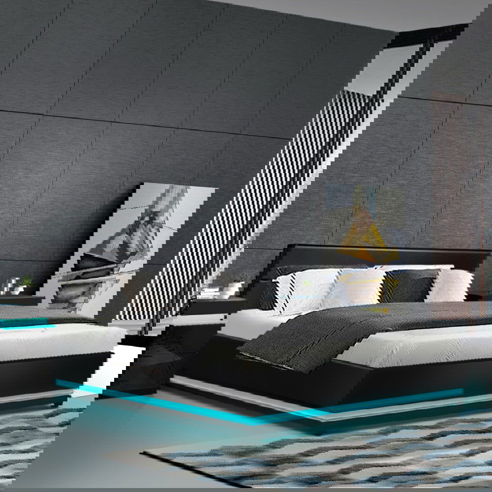 Artiss Bed Frame Queen Size LED Gas Lift Black LUMI - Cosy Abode