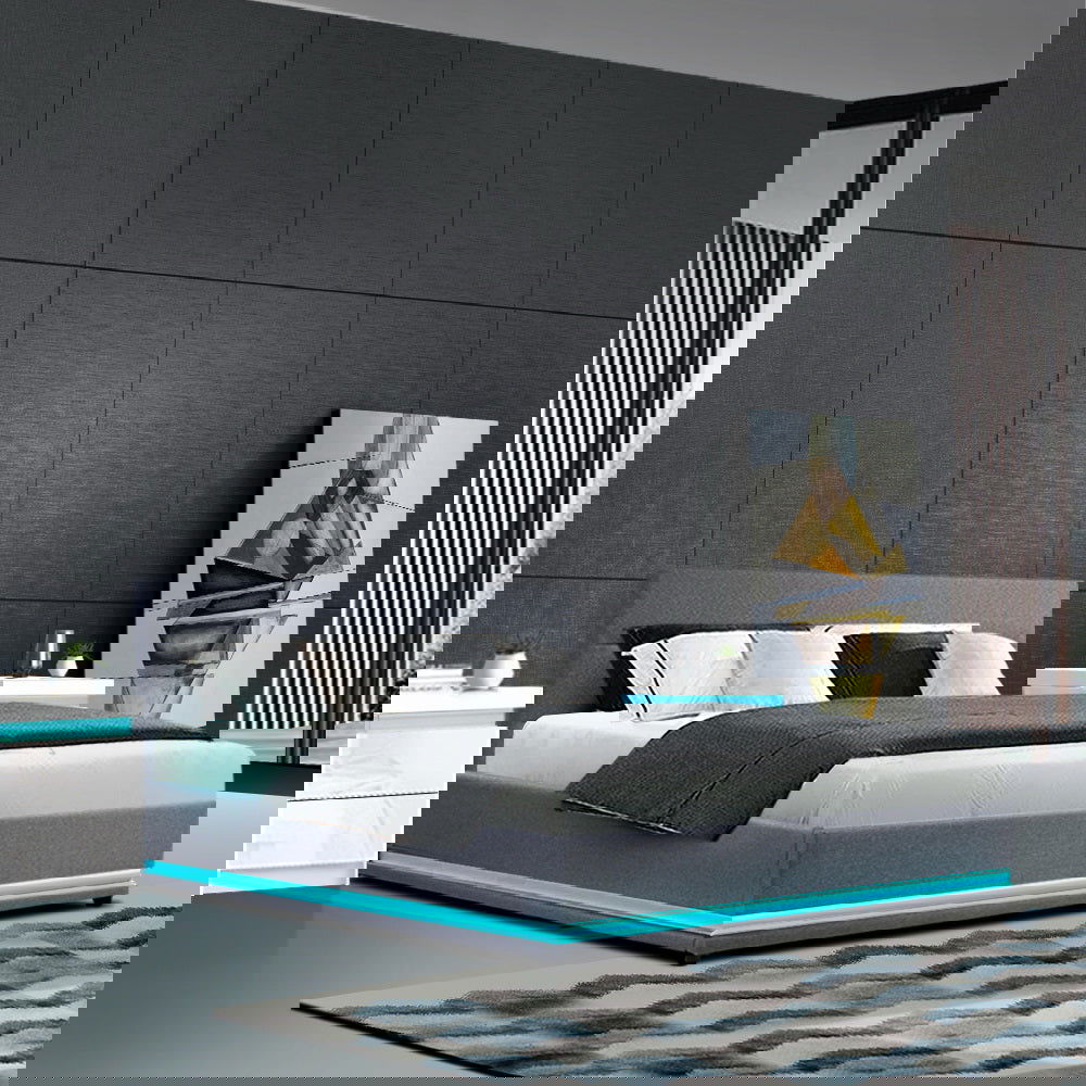 Artiss Bed Frame Queen Size LED Gas Lift Grey LUMI - Cosy Abode