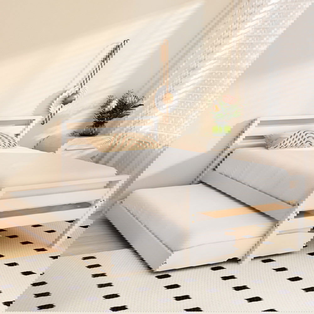 Artiss Bed Frame Single Size 2-in-1 Trundle Wooden White AVIS - Cosy Abode