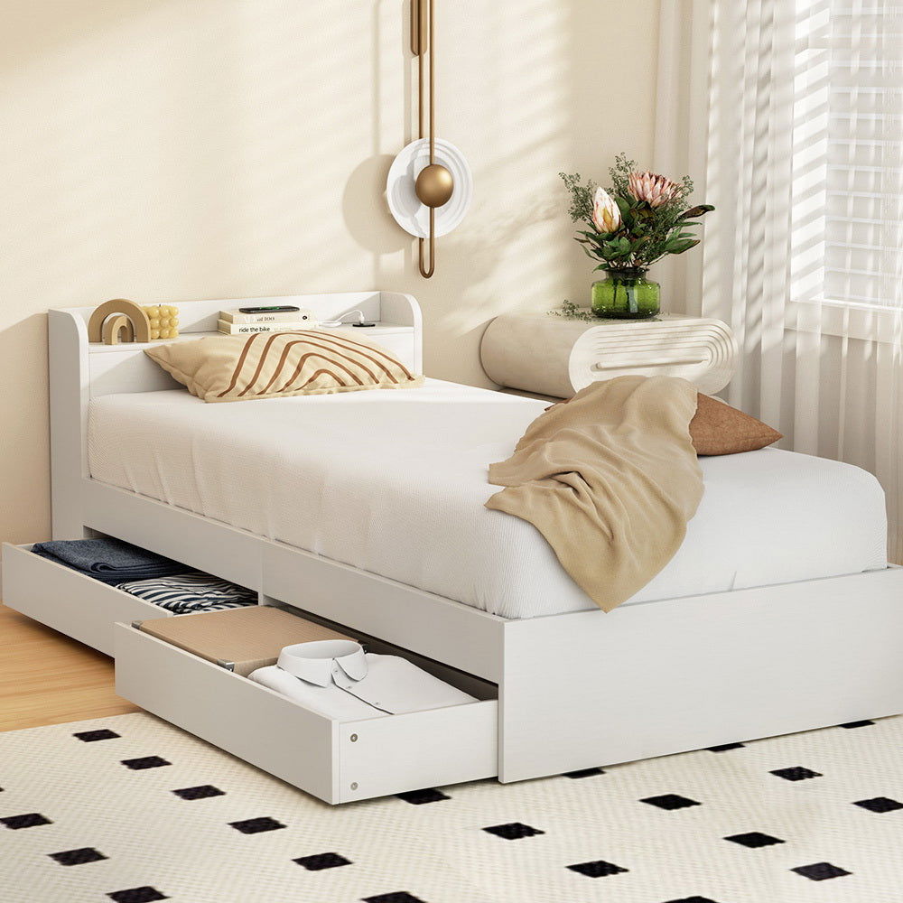 Artiss Bed Frame Single Size Mattress Base wtih Charging Ports 2 Storage Drawers - Cosy Abode