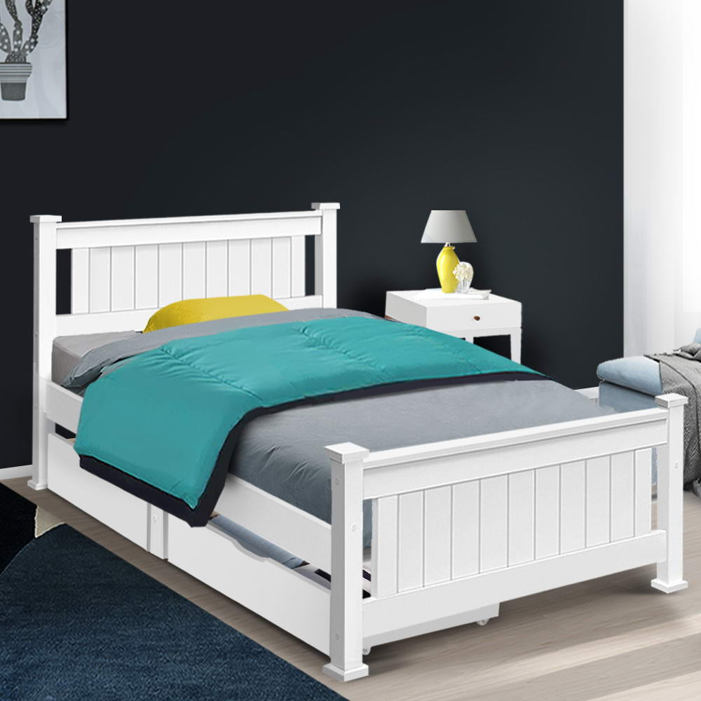 Artiss Bed Frame Single Size Wooden with 2 Drawers White RIO - Cosy Abode