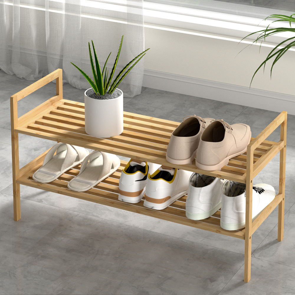Artiss Shoe Rack Bamboo Storage Cabinet 2 Tiers Portable Organizer Shelf Pine - Cosy Abode