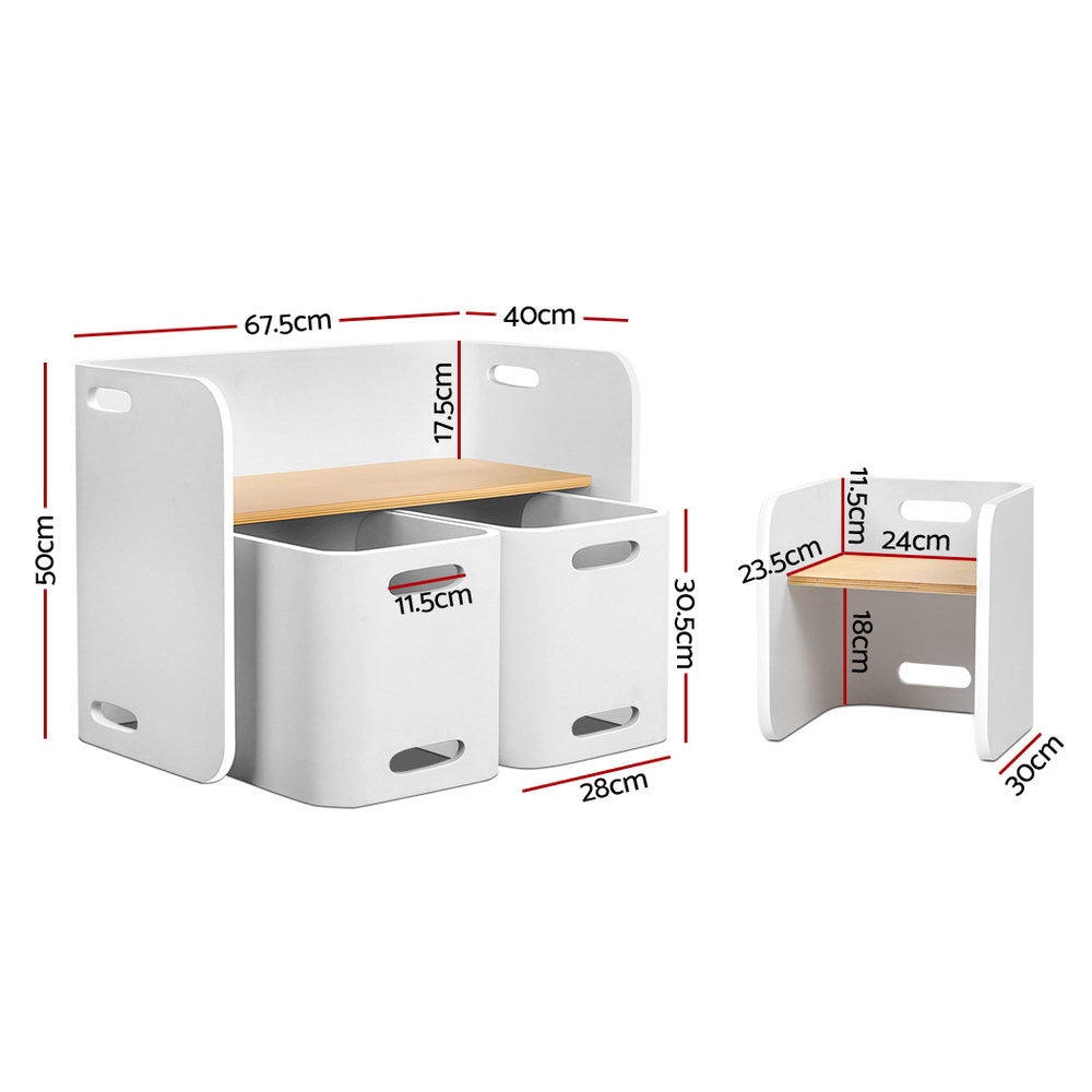 Keezi 3PCS Kids Table and Chairs Set Multifunctional Storage Desk White - Cosy Abode