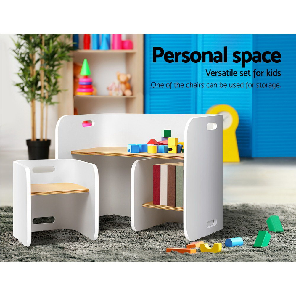 Keezi 3PCS Kids Table and Chairs Set Multifunctional Storage Desk White - Cosy Abode