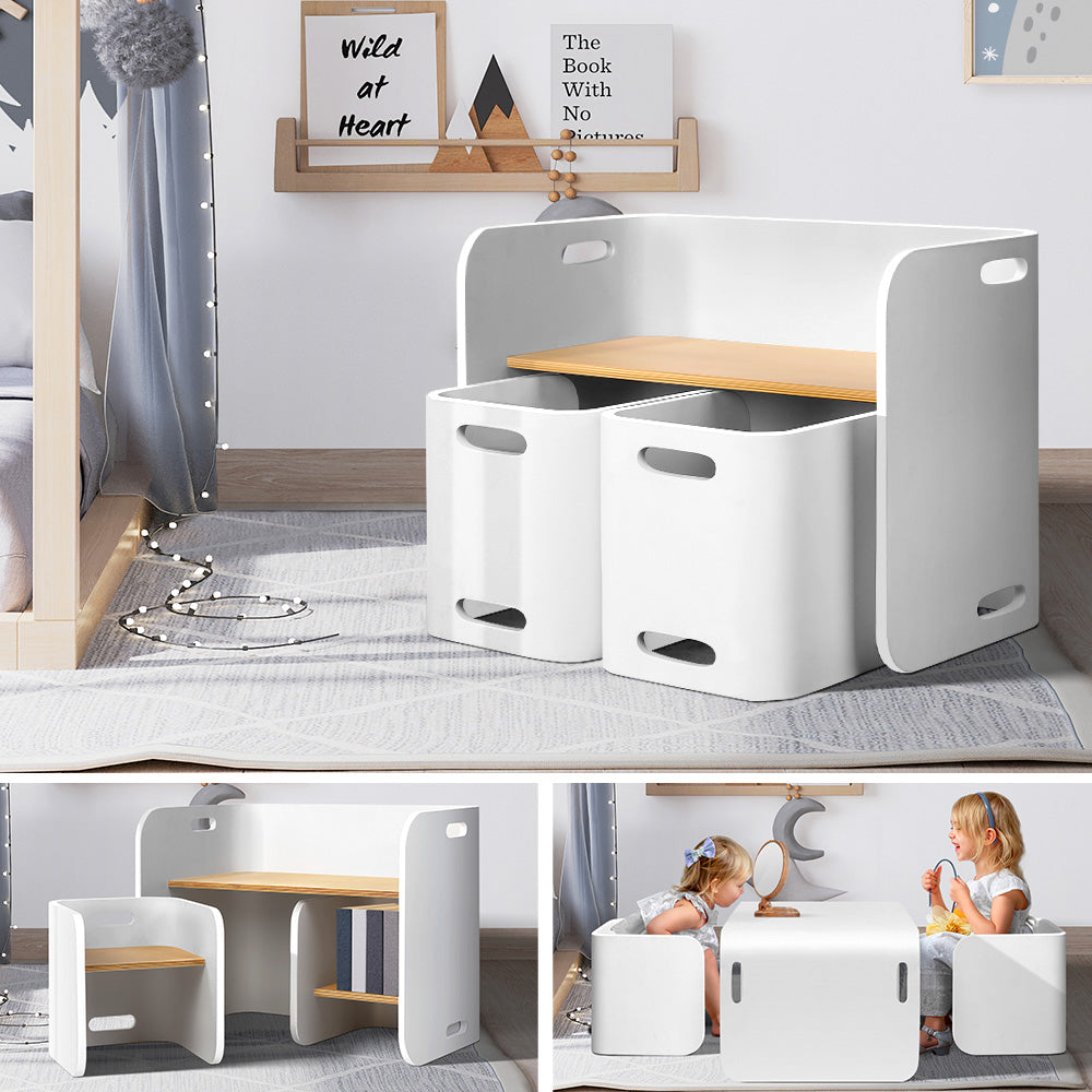 Keezi 3PCS Kids Table and Chairs Set Multifunctional Storage Desk White - Cosy Abode