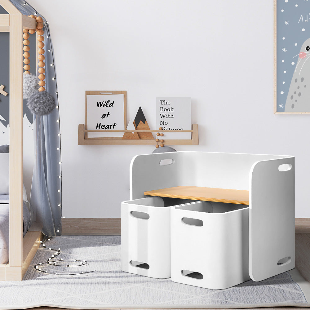 Keezi 3PCS Kids Table and Chairs Set Multifunctional Storage Desk White - Cosy Abode
