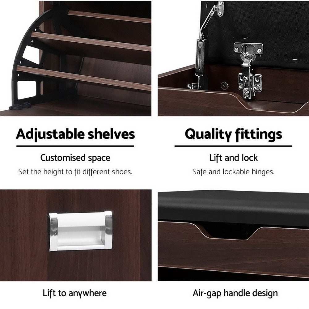 Artiss Shoe Rack Cabinet Bench 3-tier 15 Pairs Walnut - Cosy Abode