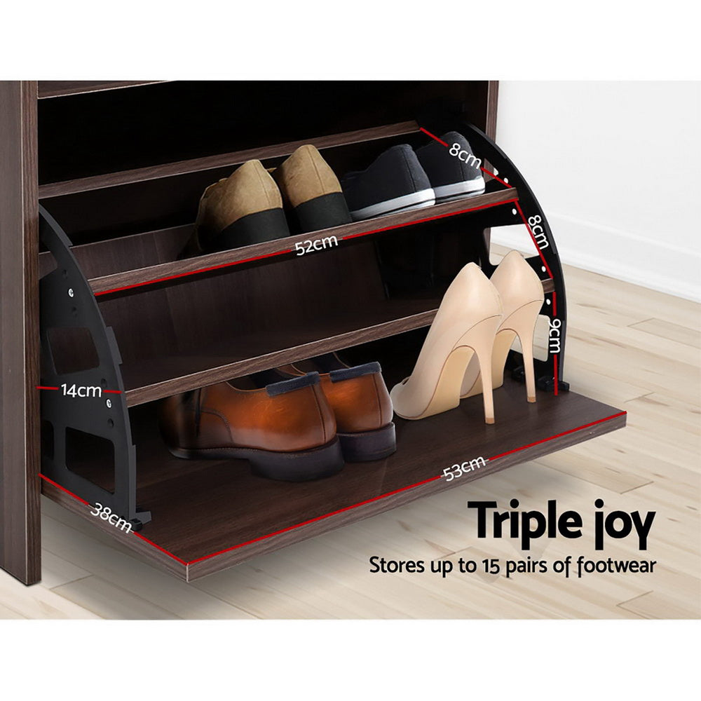 Artiss Shoe Rack Cabinet Bench 3-tier 15 Pairs Walnut - Cosy Abode
