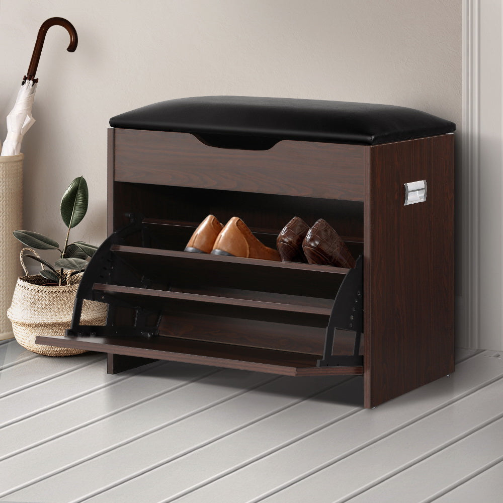 Artiss Shoe Rack Cabinet Bench 3-tier 15 Pairs Walnut - Cosy Abode
