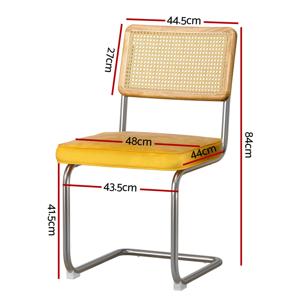 Artiss Dining Chairs Set of 2 Velvet Rattan Cantilever Yellow - Cosy Abode