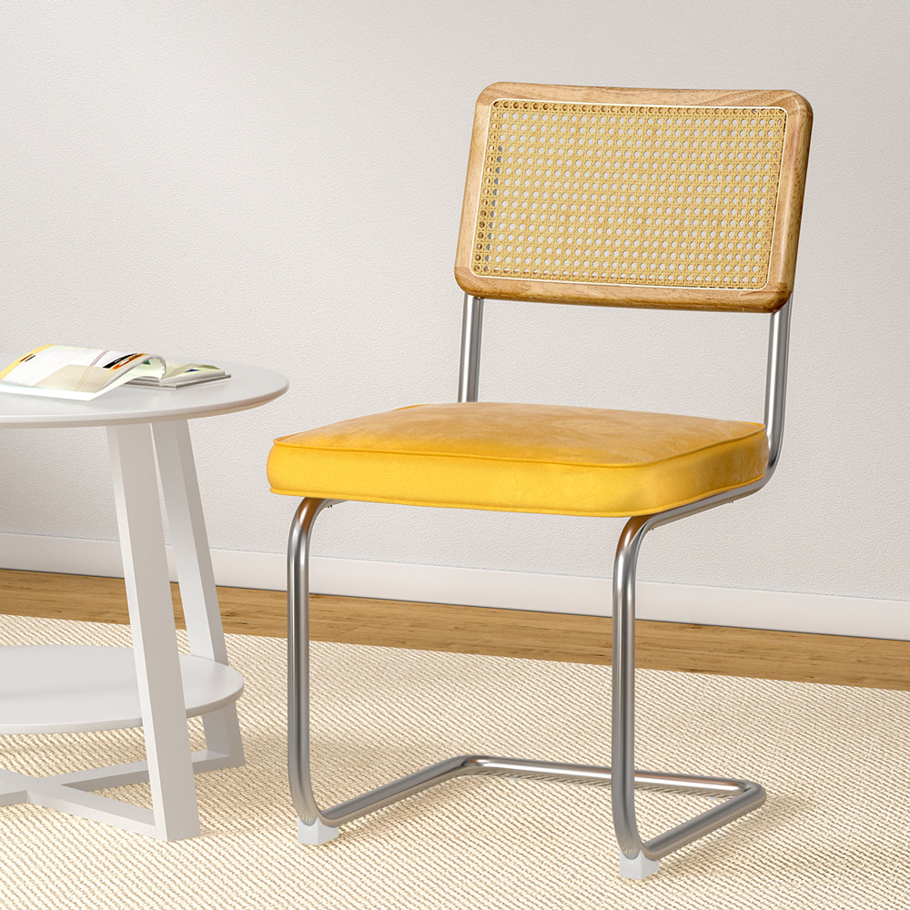 Artiss Dining Chairs Set of 2 Velvet Rattan Cantilever Yellow - Cosy Abode
