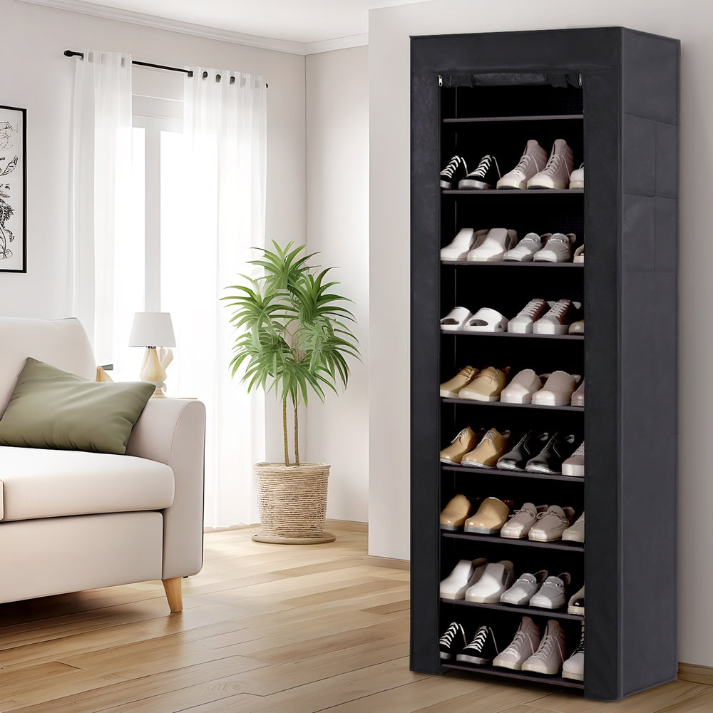 Artiss Shoe Rack 10-tier 27 Pairs Removable Cover Black - Cosy Abode