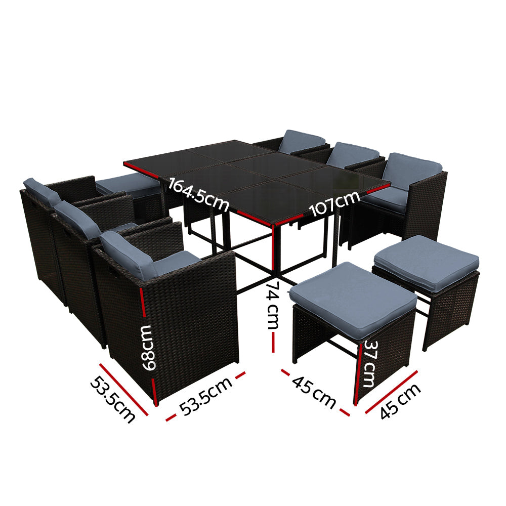 Gardeon Outdoor Dining Set 11 Piece Wicker Table Chairs Setting Black - Cosy Abode