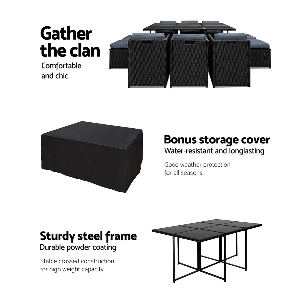 Gardeon Outdoor Dining Set 11 Piece Wicker Table Chairs Setting Black - Cosy Abode