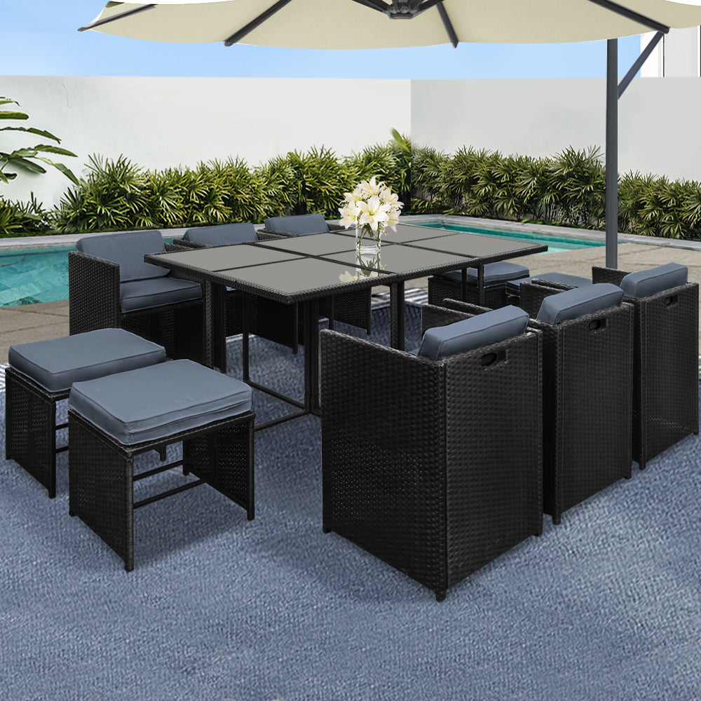 Gardeon Outdoor Dining Set 11 Piece Wicker Table Chairs Setting Black - Cosy Abode