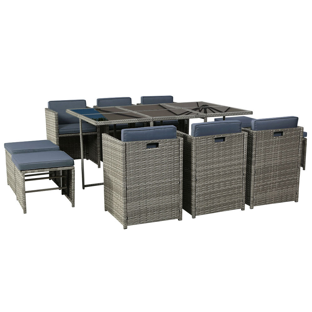 Gardeon Outdoor Dining Set 11 Piece Wicker Table Chairs Setting Grey - Cosy Abode