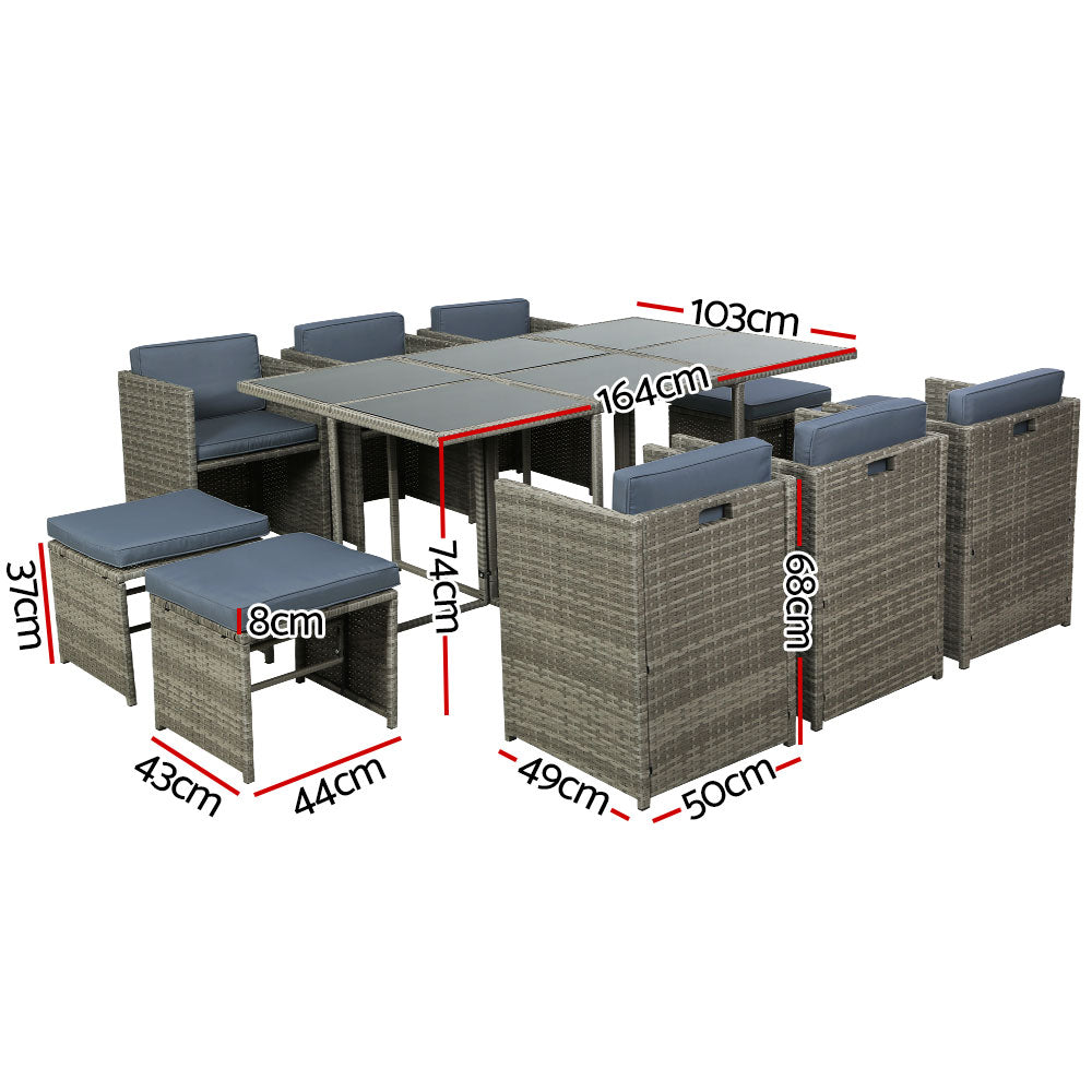 Gardeon Outdoor Dining Set 11 Piece Wicker Table Chairs Setting Grey - Cosy Abode