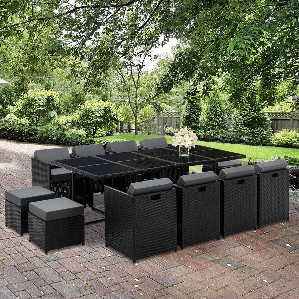 Gardeon Outdoor Dining Set 13 Piece Wicker Table Chairs Setting Black - Cosy Abode