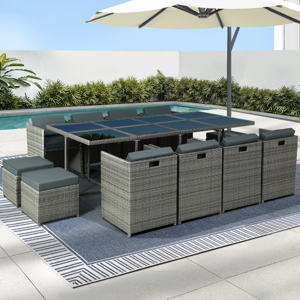 Gardeon Outdoor Dining Set 13 Piece Wicker Table Chairs Setting Grey - Cosy Abode