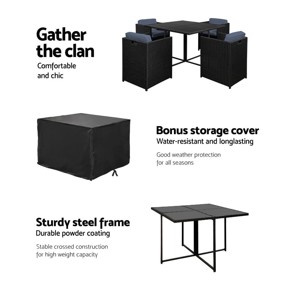 Gardeon Outdoor Dining Set 5 Piece Wicker Table Chairs Setting Black - Cosy Abode
