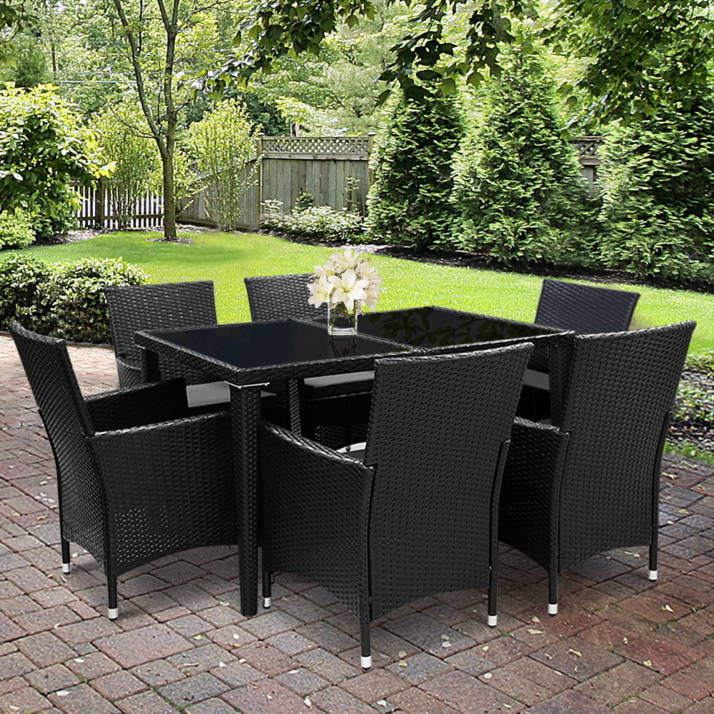 Gardeon Outdoor Dining Set 7 Piece Wicker Lounge Setting Black - Cosy Abode